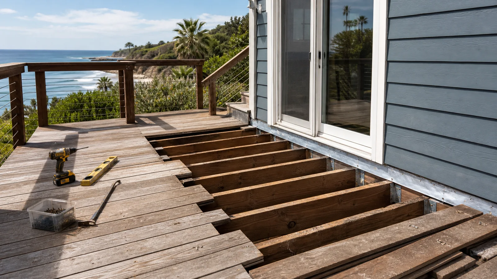 Kimmel Elite Construction coastal deck repair hero with exposed joists, ledger flashing, railing, stairs, and repair tools