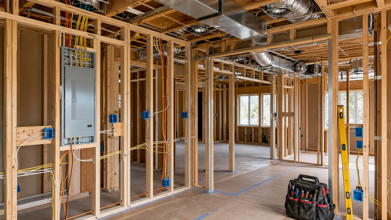 Kimmel Elite Construction electrical and HVAC coordination hero with open framing, rough wiring, panel work, and duct routing