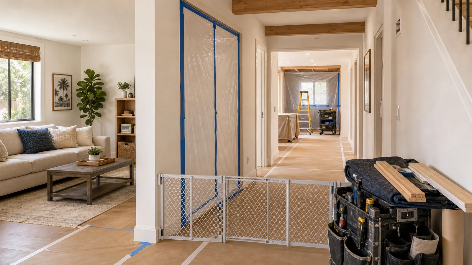 Kimmel Elite Construction occupied-home remodel hero with protected hallway, dust barrier, pet gate, staged tools, and clear access path