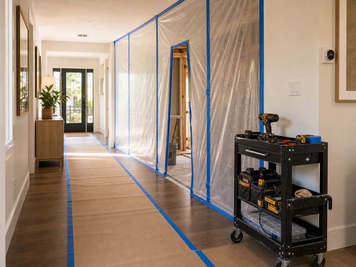 Kimmel Elite Construction occupied remodel support image with dust barrier, floor protection, pet gate, and safe material staging
