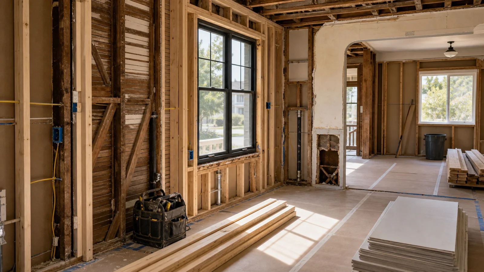 Kimmel Elite Construction older North County home remodel hero with opened wall framing, original window opening, and careful investigation