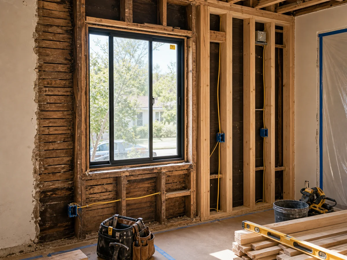 Kimmel Elite Construction older home remodel support image with exposed framing, original wall layers, window opening, and site protection