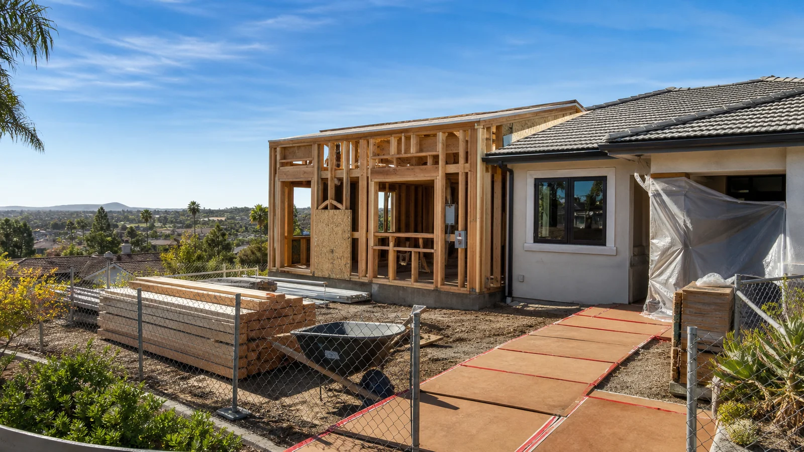 Kimmel Elite Construction North County permit planning hero with active room addition, protected access, fencing, and inspection-ready rough-in