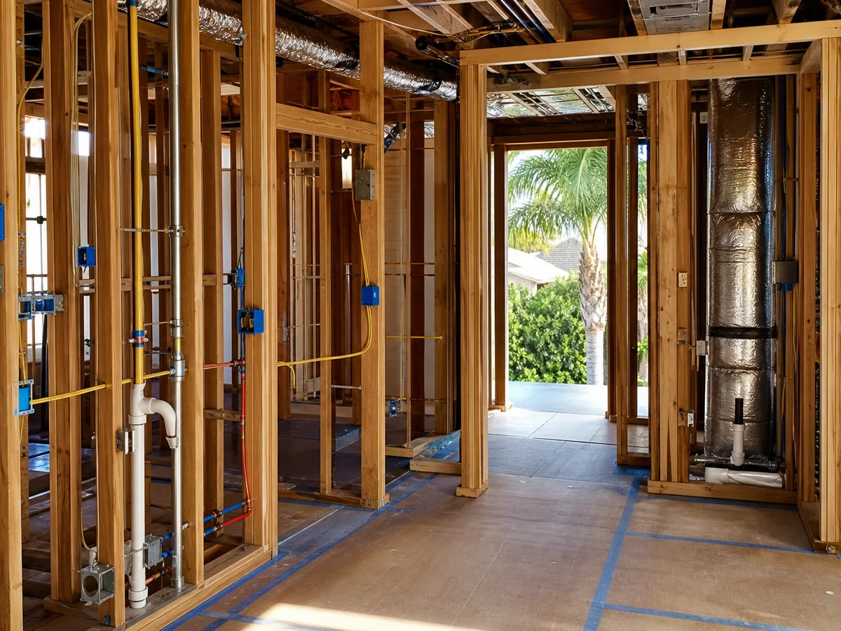 Kimmel Elite Construction permit inspection support image with open framing, electrical boxes, plumbing rough-in, HVAC routing, and protected floors