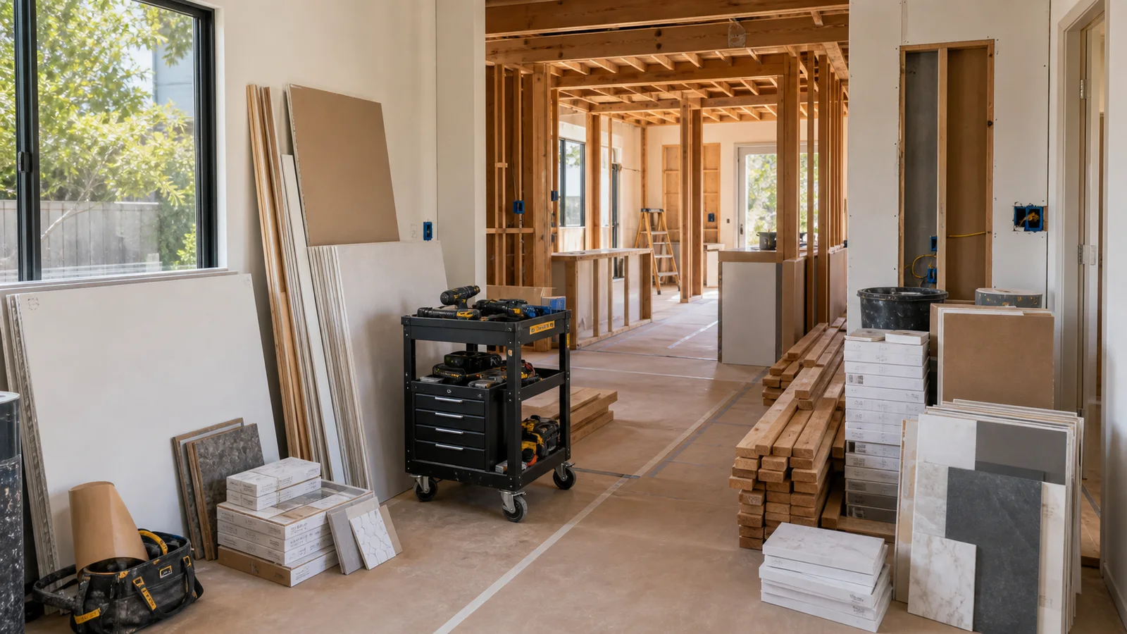 Kimmel Elite Construction remodel budget hero with organized material staging, cabinet components, tile, and protected work area