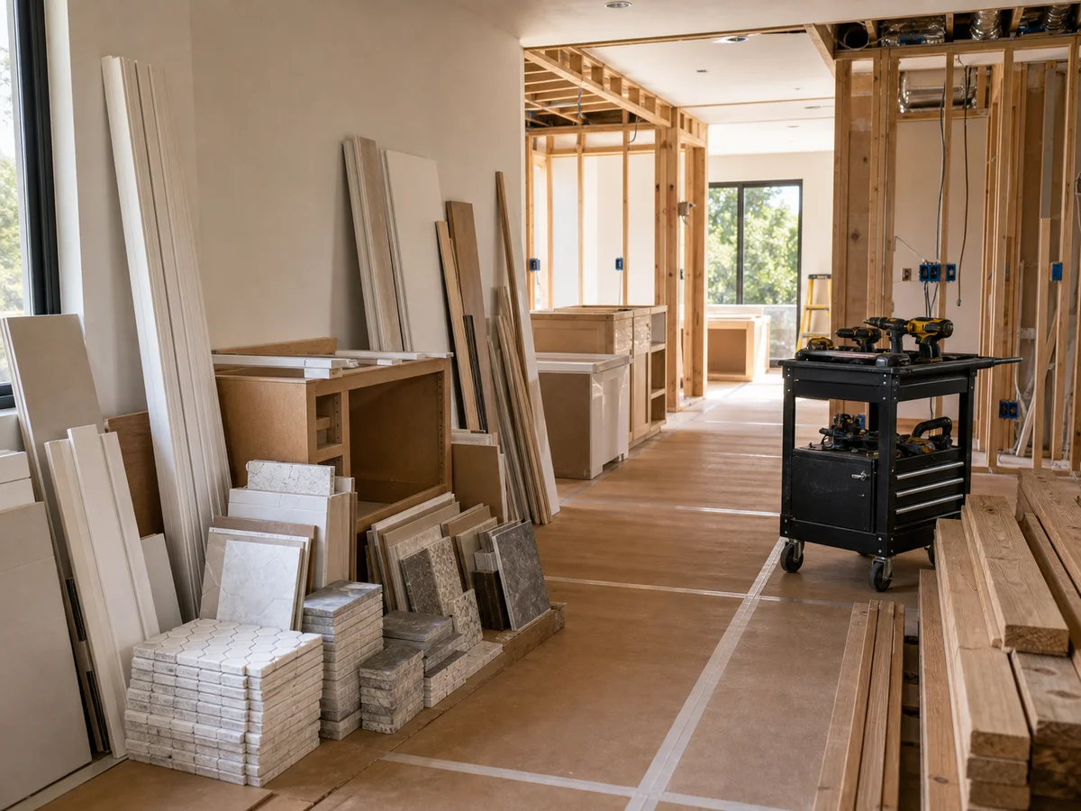Kimmel Elite Construction remodel budget support image with staged finish materials, cabinet parts, tile, lumber, and organized tools